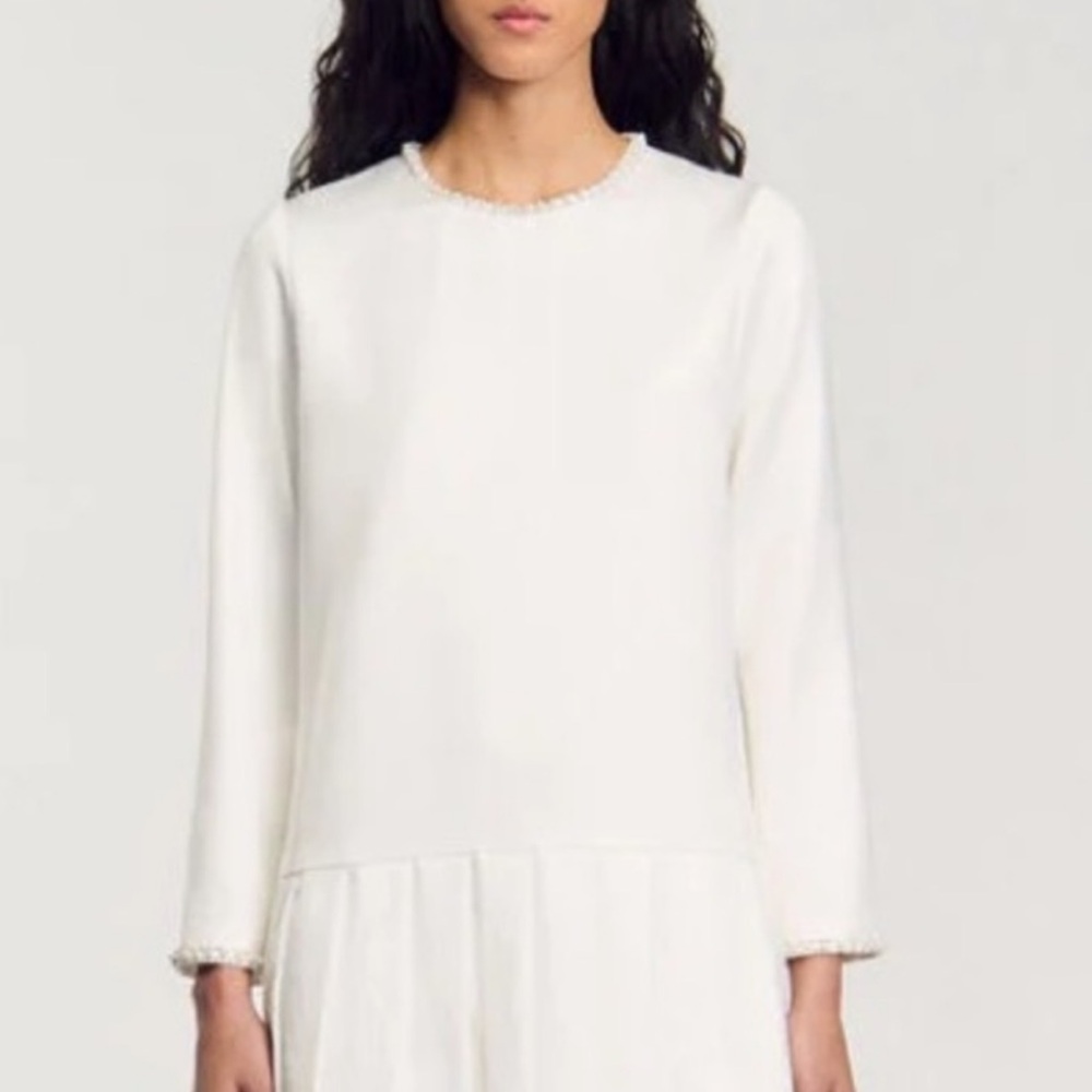 Sandro White Dress with Pearl Embellishments